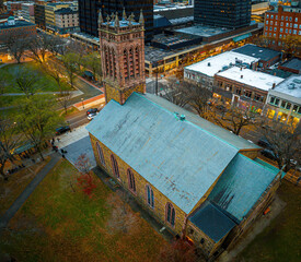 Aerial View of Downtown New Haven with Historic Church and Yale Buildings