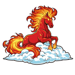 A majestic flaming horse rearing proudly on a fluffy cloud.