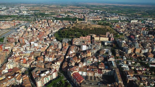 An Aerial panoramic view of the old town of the city Lleida on a sunny summer noon in Spain.