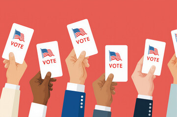 Diverse hands raised for voting. Symbol of democracy and participation.