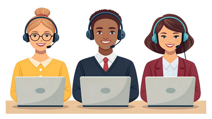 Diverse customer service team with headsets and laptops
