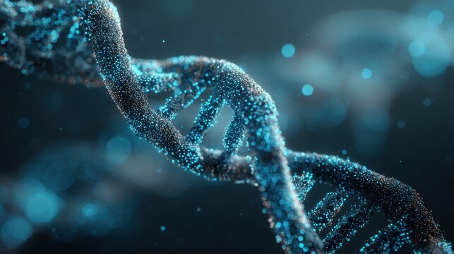 AI generated image of glowing blue DNA double helix structure: genetic engineering and biohacking concept