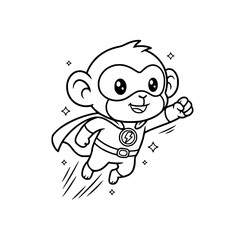 Fototapeta premium Cute Monkey Superhero Flying Line Art Illustration. Kawaii Cartoon Black and White Vector Icon for Hero, Power, or Comic Mascot Logo Generative AI