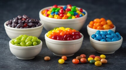 Several bowls are filled with jelly beans of different colors. The bowls are placed on a dark surface showcasing the vibrant colors of the candy. People can see the variety on display.