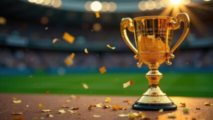 Victorious gold cup, stadium background with confetti. Horizontal banner with copy space, free space for text. Ideal for sports event promotions, winner announcements, or championship graphics
