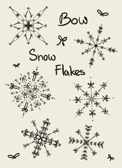 Hand drawn bow tie snow flakes collection. Set of different, doodled vector winter, christmas icon elements.