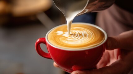 A person pours steamed milk into a red cup of coffee creating patterns on the surface. The scene takes place inside a cafe during the morning.