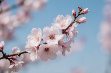 Cherry blossom branch in spring. Fresh nature and season awakening concept.