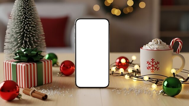 Gold bow ribbon design on a digital smartphone gift box with Christmas tree decoration - Powered by Adobe