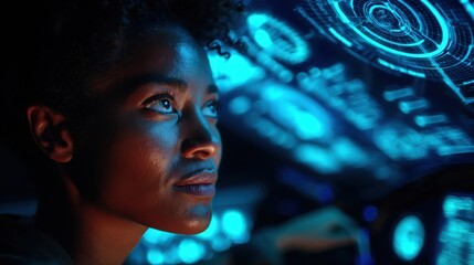 A woman focuses on a digital interface in a control room. She seems engaged with the high tech display and is analyzing information in a dark environment.