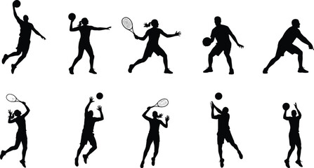 Obraz premium Athlete silhouette set, dynamic sports poses, basketball tennis volleyball, vector illustration, flat design, black figures, motion study, action