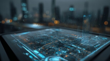 Futuristic digital interface overlays a cityscape, showing high-tech technology, the blurred background enhances the high-tech, digital innovation, and urban exploration.