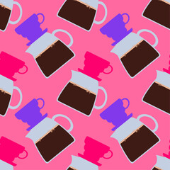 Lovely seamless coffee-themed pattern with colorful V60 drippers and full of coffee glass pots on a pink background. Ideal for cafe branding, textiles, wrapping papers, and coffee-inspired designs.