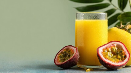 Vibrant passion fruit juice fills a sleek glass, accompanied by freshly sliced passion fruit and a glimpse of pineapple, embodying freshness and the essence of healthy nourishment.