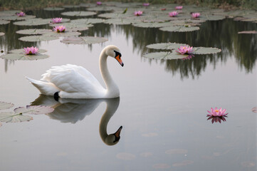 Graceful white swan in water with lotus. Symbol of purity and Goddess Saraswati.