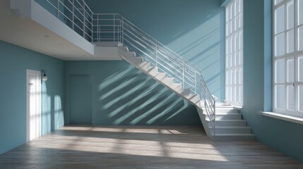 Obraz premium Modern open space interior with stairs, a perfect blend of minimalist design and inviting light. Capturing the essence of a serene, functional space. 