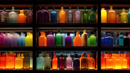 Obraz premium A collection of glass bottles is arranged on shelves in a shop window. The bottles vary in colors shapes and sizes. Bright lights highlight the design and vibrancy.