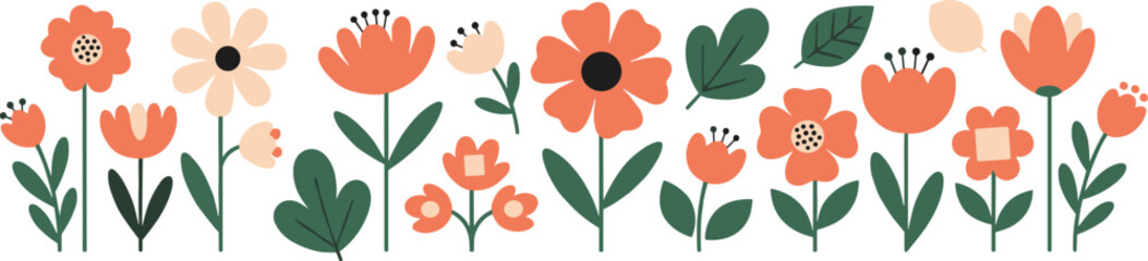 Floral border illustration, colorful flowers and leaves, spring summer design, vector art, decorative pattern, horizontal arrangement, nature theme