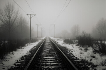 Railway tracks disappearing into snowy fog. Historical memory and sorrow concept.