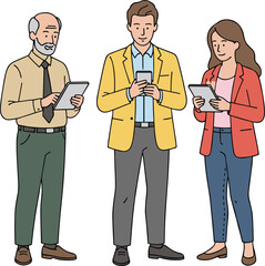 People using digital devices, tablet, smartphone, multigenerational tech, vector illustration, flat design, modern lifestyle, casual fashion, communication