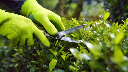 Person using pruning shears to trim a bush or hedge garden maintenance and landscaping. Pruning or trimming a hedge using garden shears. Bush trimming by gardener wear gloves with shears. 