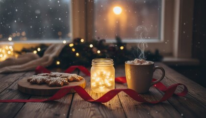 Steaming mug of hot chocolate, snowflake cookies, and glowing fairy lights create a cozy winter holiday scene on a rustic wooden table, with falling snow visible outside