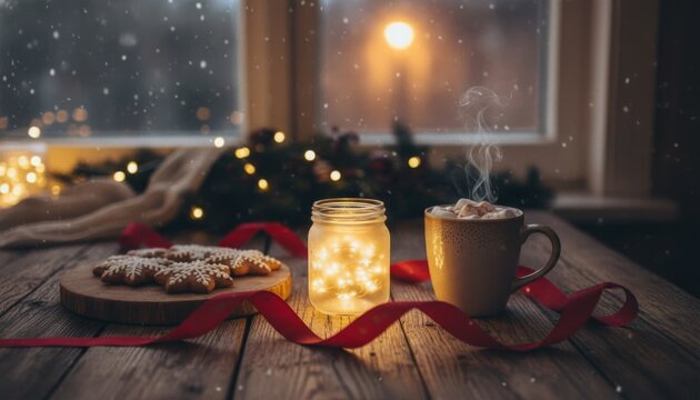 Steaming mug of hot chocolate, snowflake cookies, and glowing fairy lights create a cozy winter holiday scene on a rustic wooden table, with falling snow visible outside - Powered by Adobe