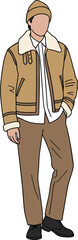 Winter outfit character, shearling jacket, beanie, brown pants, casual fashion, vector illustration, flat design, seasonal style, male look