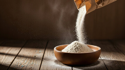 White flour pouring from paper bag into wooden bowl rustic background Ingredient preparation cooking baking dough making dust cloud movement kitchen work culinary concept homemade food preparation