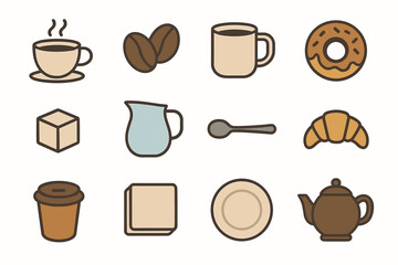 Cup teapot icon croissant beans lid mug collection vector sugar coffee
