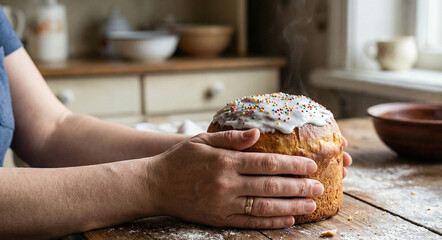 Hands holding fresh hot Easter cake with steam and icing. Woman baking traditional holiday bread in rustic kitchen.