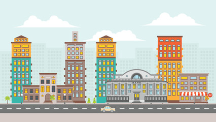 Urban Cityscape with Library, Bank, Shop Store and Residential buildings