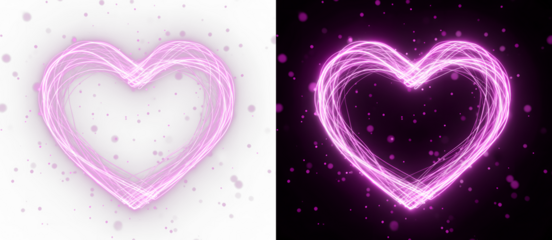Glowing pink heart light trail overlay with magical, neon light, transparent background , isolated PNG overlay on dark background, valentine's day, 光