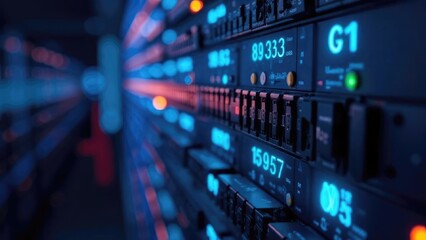 Server racks with blue illumination in a modern technology center. Abstract background with data storage devices for digital infrastructure concepts