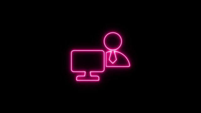 Vibrant neon pink glow outline of a admin user with computer icon. Neon Icon. Neon Sign