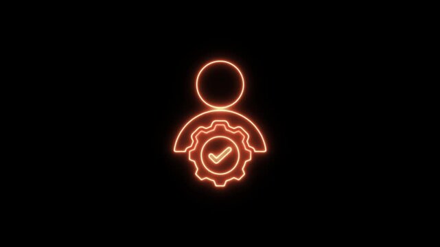 Glowing orange neon user profile icon with gear and verified checkmark. Neon Icon. Neon Sign
