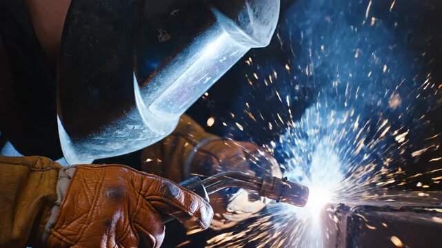 Industrial worker welding metal with bright sparks and protective gear close up