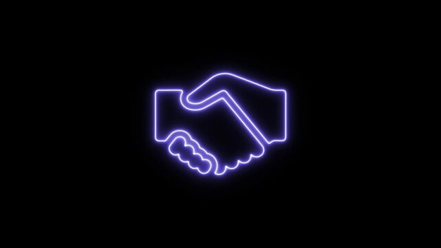 Glowing purple neon handshake icon symbolizing agreement, partnership, and trust. Neon Icon. Neon Sign