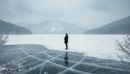 Solitary person stands on a frozen lake with intricate ice patterns, surrounded by a vast snowy landscape and distant mountains under a soft, overcast sky with falling snow