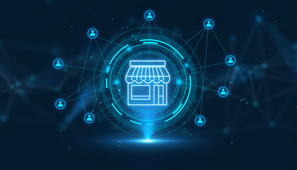 Digital Retail and Customer Connections: This image encapsulates the essence of modern retail, showcasing a digital representation of a store encircled by interconnected customer icons.