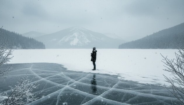 Solitary person stands on a frozen lake with intricate ice patterns, surrounded by a vast snowy landscape and distant mountains under a soft, overcast sky with falling snow - Powered by Adobe