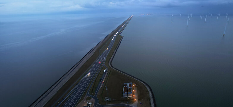 The Afsluitdijk, a famous dyke in the North of Holland, seperating the Ijssel lake from the Wadden Sea, The Netherlands