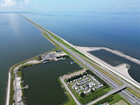 The Afsluitdijk, a famous dyke in the North of Holland, seperating the Ijssel lake from the Wadden Sea, The Netherlands