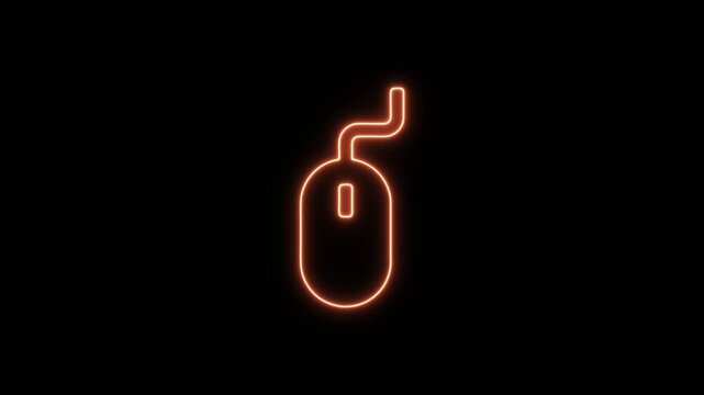 Neon orange glowing computer mouse outline with scroll wheel and cable digital ui. Neon Icon. Neon Sign