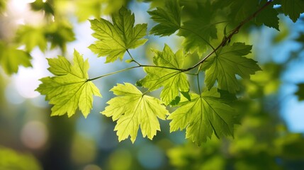Obraz premium Bright green maple leaves grow on a branch under sunlight in a forest. The scene captures the freshness of spring as light filters through the leaves.