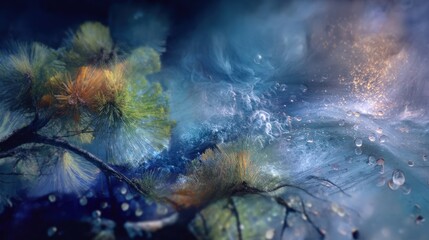 Trees with green and orange leaves stand above water. The surface of the water reflects light. Droplets create ripples as they fall. This scene shows nature during sunset.