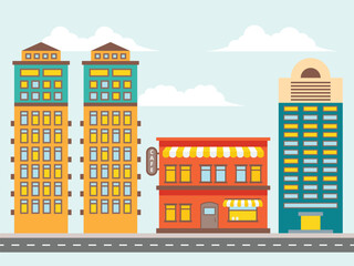 Urban Cityscape with Cafe Shop and Residential buildings