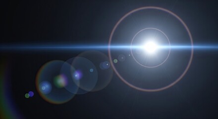 Fototapeta premium Bright lens flare effect with glowing light on a dark background, abstract photography