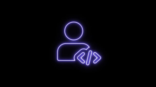 Neon purple glowing user with code icon, representing programming and development work. Neon Icon. Neon Sign