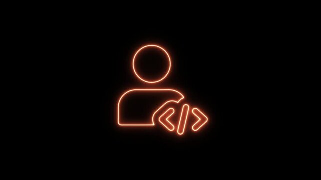 Orange neon glow user icon with coding symbol, representing a developer profile. Neon Icon. Neon Sign